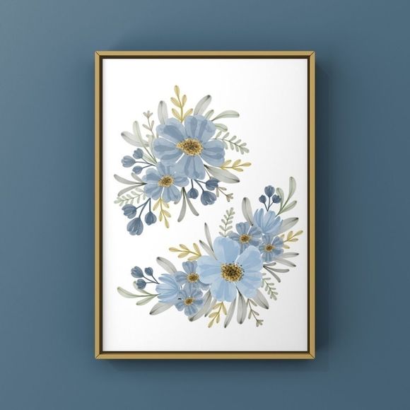Modern minimalist boho watercolor blue floral wall art print for home decor - Picture 1 of 4